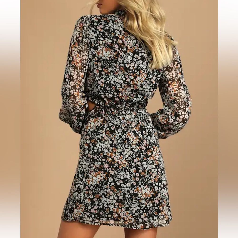 Lulus Autumn Bliss Floral Print Cutout Mini Dress Size L Long Sleeve Evening - Picture 3 of 16